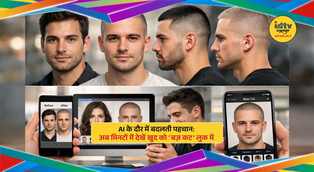 Person exploring AI-generated buzz cut hairstyle digitally using smartphone app