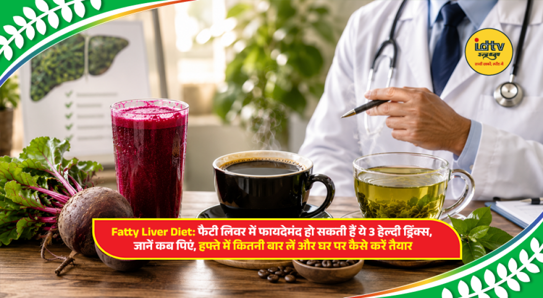 Beetroot juice, black coffee, and green tea placed together as healthy drink options for fatty liver support.