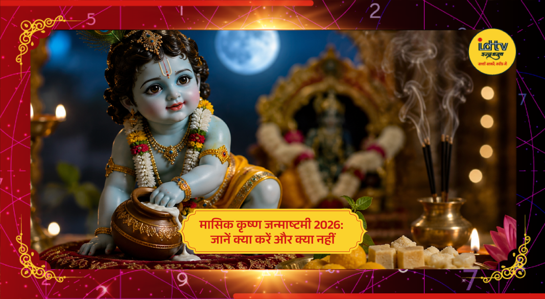 Devotees worshipping Lord Krishna with flowers, tulsi and lamps on Masik Krishna Janmashtami