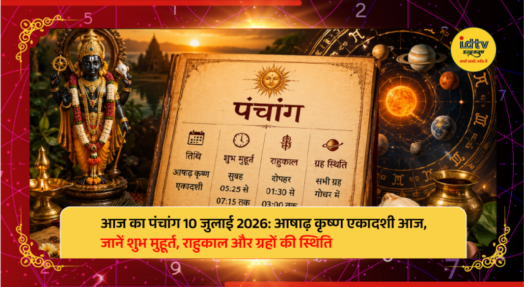 Hindu Panchang for 10 July 2026 showing Ashadha Krishna Ekadashi, auspicious timings, Rahukaal, and planetary positions.