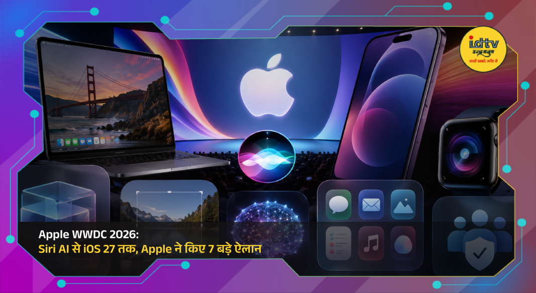 Apple CEO presenting AI-powered Siri and iOS 27 updates during the WWDC 2026 keynote event.