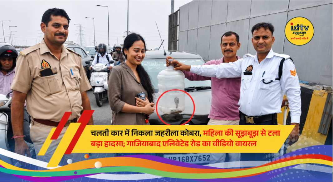 Rescue personnel remove a venomous cobra from inside a car after the driver safely stopped the vehicle on Ghaziabad's Elevated Road.