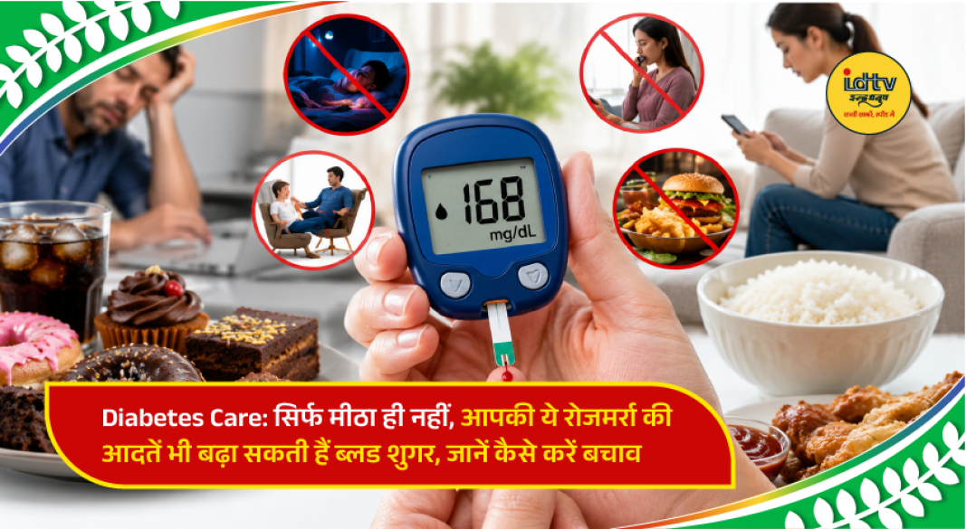 Person checking blood sugar with a glucometer while healthy food and daily lifestyle habits are highlighted.