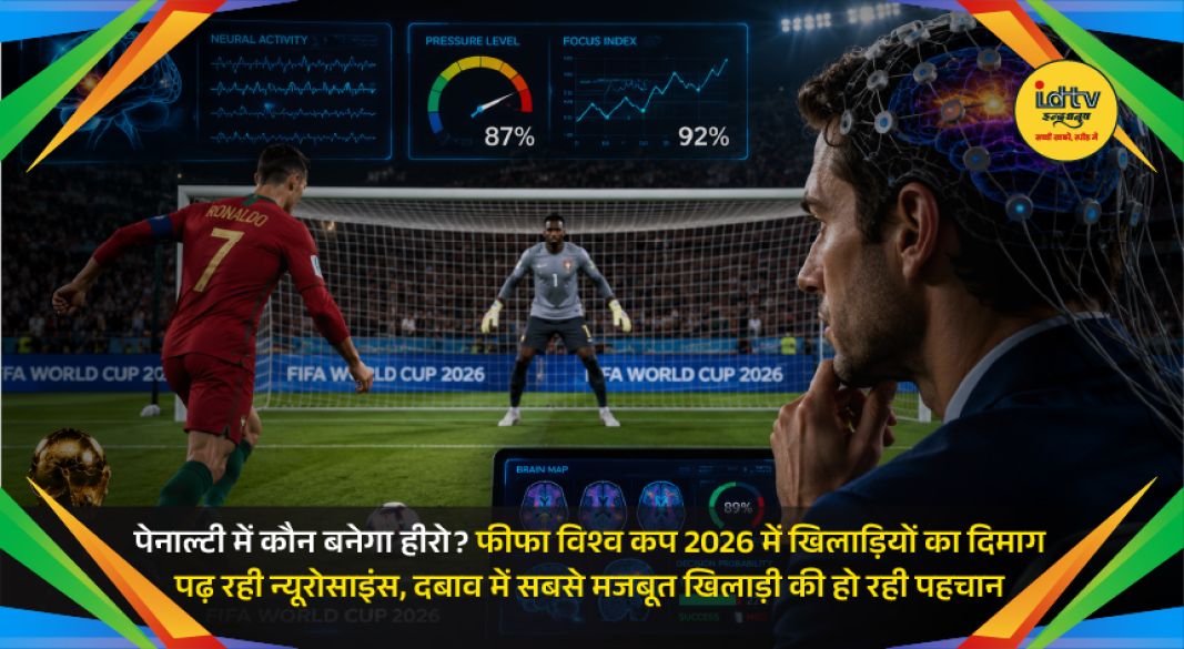 Football player taking a penalty while EEG neuroscience technology monitors brain activity during FIFA World Cup 2026 training.