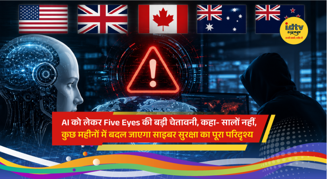 Concept image showing artificial intelligence, cybersecurity threats and digital network security warnings from Five Eyes alliance.