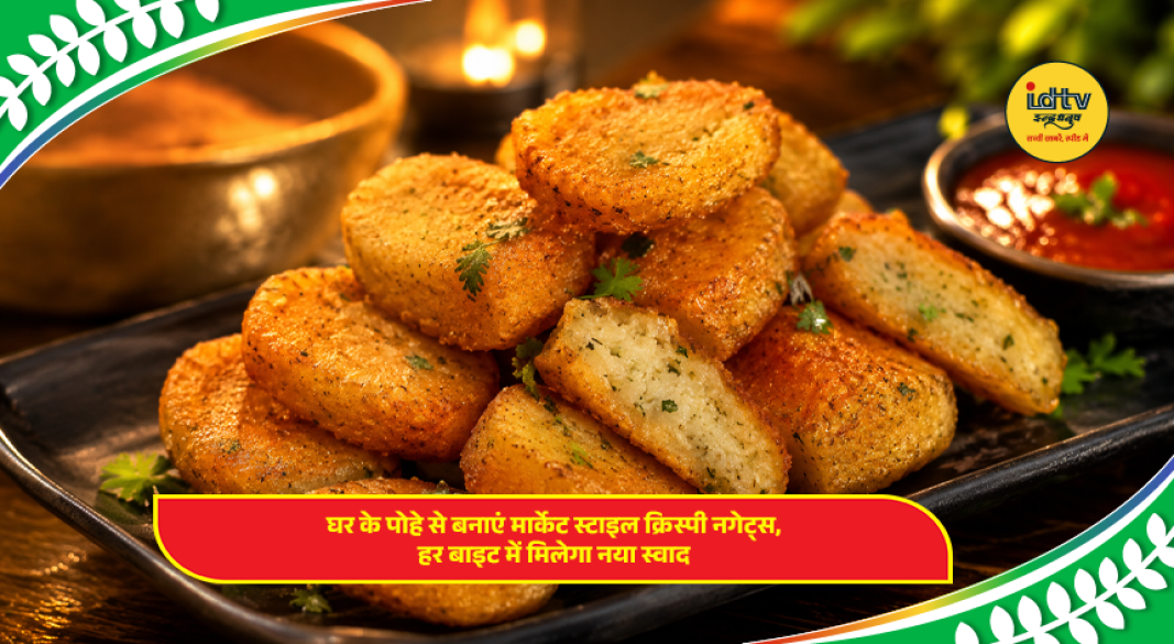 Crispy homemade poha nuggets served with green chutney and tomato ketchup for a healthy snack.