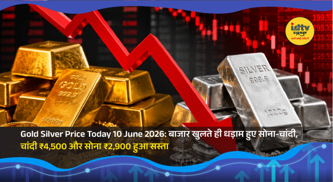 Gold and silver price board showing sharp decline in bullion rates on June 10, 2026.