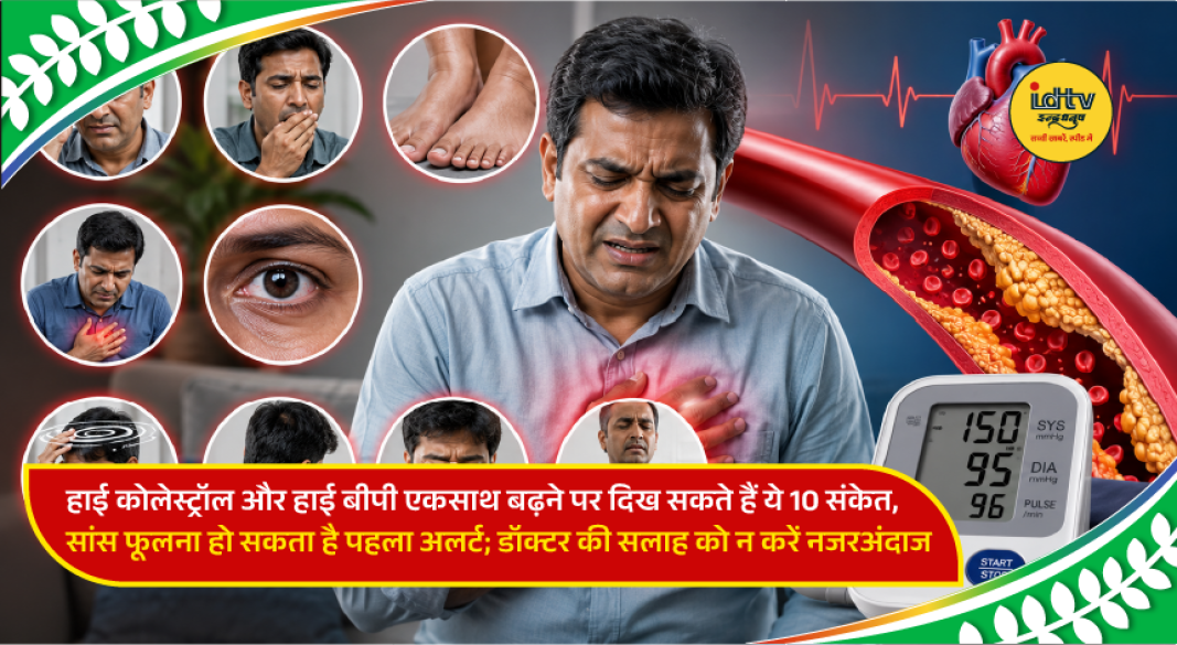 Doctor explaining warning signs of high cholesterol and high blood pressure affecting heart health.