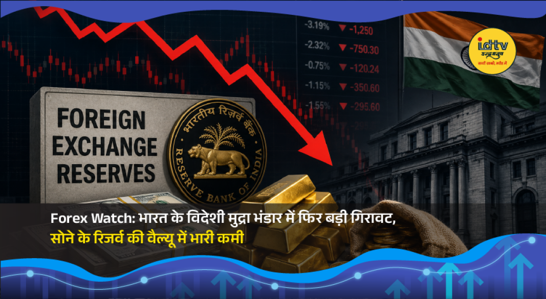 Reserve Bank of India headquarters with gold bars and foreign exchange reserve charts showing a sharp decline.