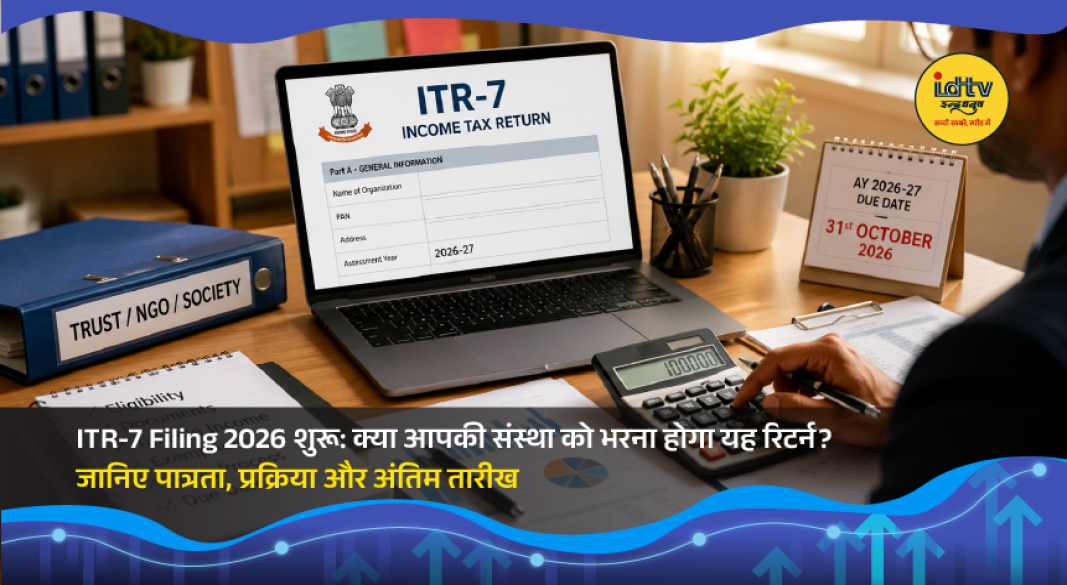 Income Tax Return ITR-7 filing on a laptop with tax documents for trusts, NGOs, and educational institutions.