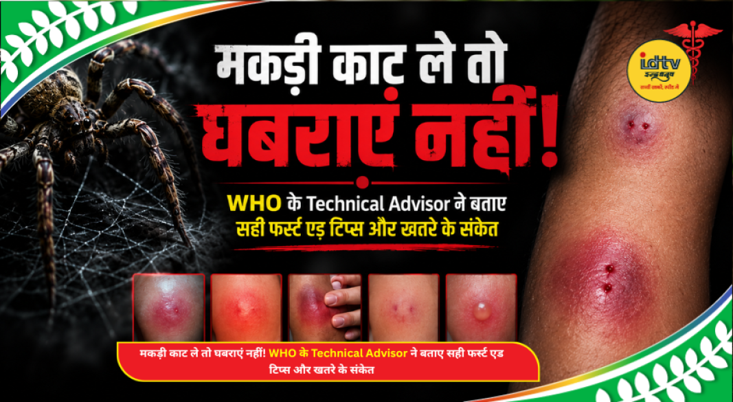 Close-up of a spider bite on skin with redness, swelling, and first aid treatment guidance.