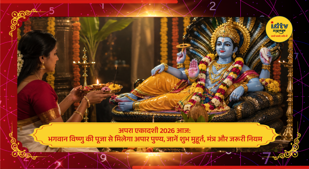 Devotees worshipping Lord Vishnu with yellow flowers and lamps on Apara Ekadashi 2026
