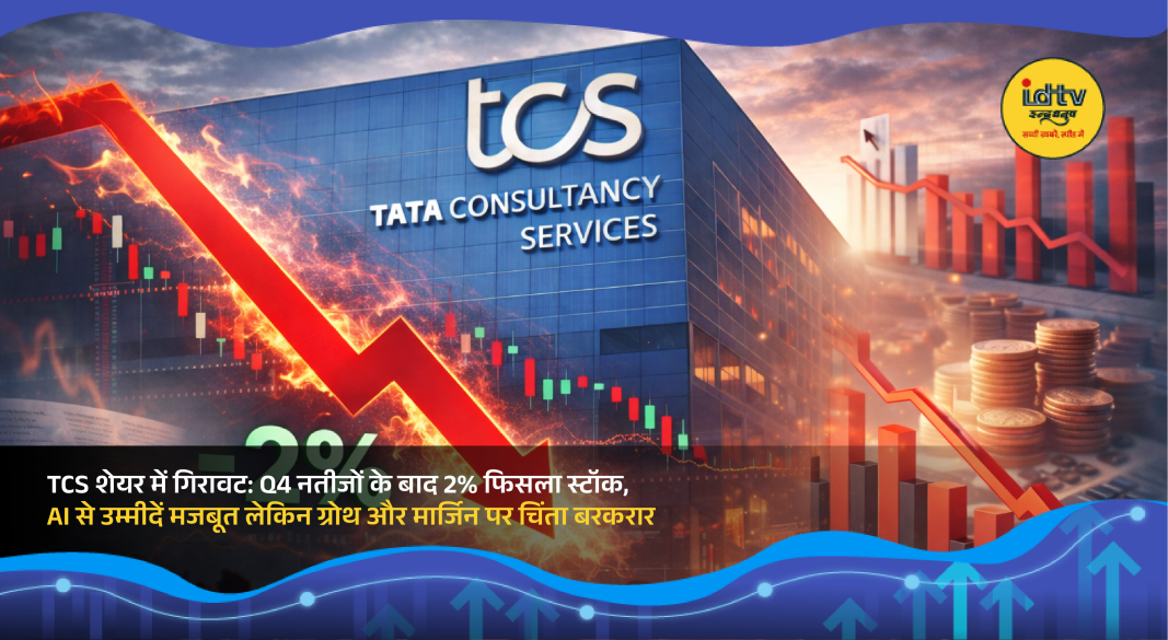 Stock market screen showing TCS share decline after Q4 FY26 results with traders analyzing data