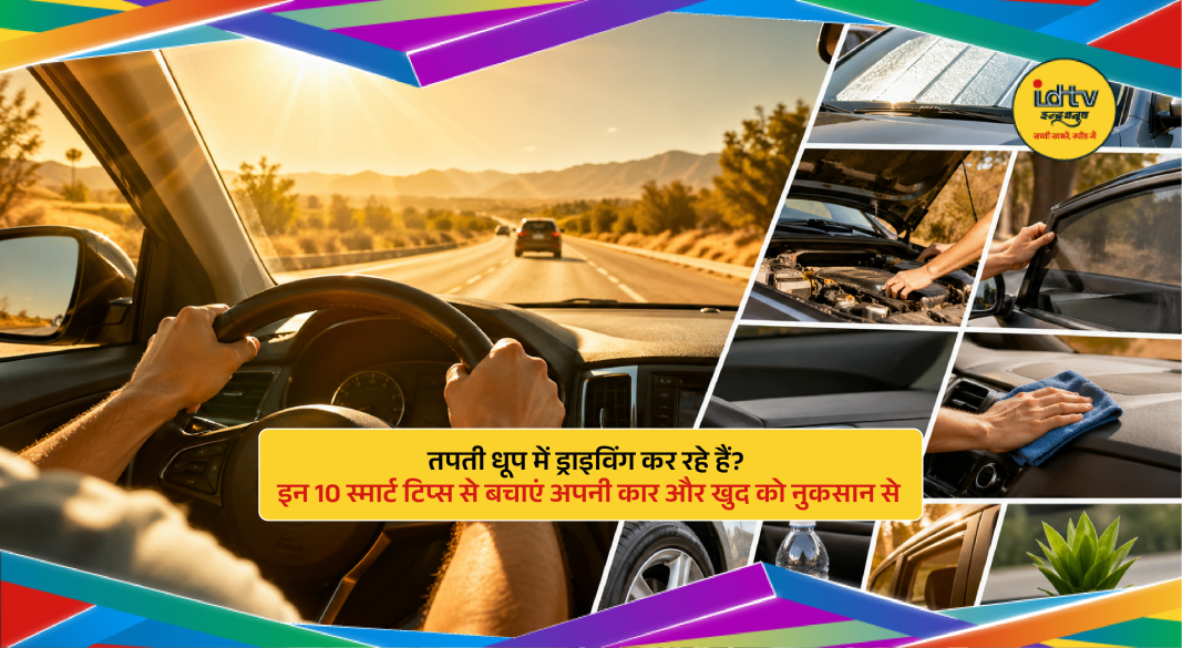 Driver using sunshade and checking car during extreme summer heat on a sunny day