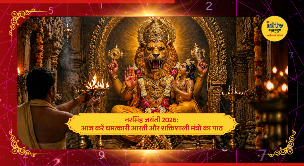 Lord Narasimha with lamps, flowers, and sacred mantras on Narasimha Jayanti