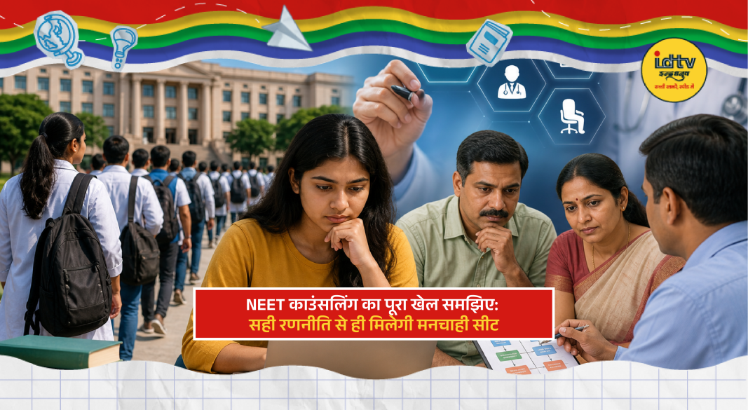 Students checking NEET counselling process on laptop with documents and college choice list