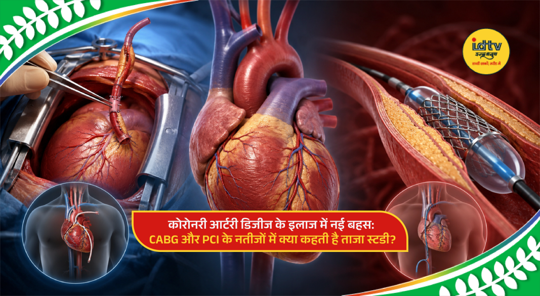 Illustration of heart arteries showing bypass surgery and stent procedure comparison in coronary artery disease treatment