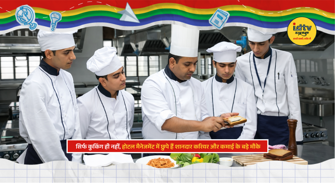 Students training in hotel management kitchen and front office in hospitality industry.