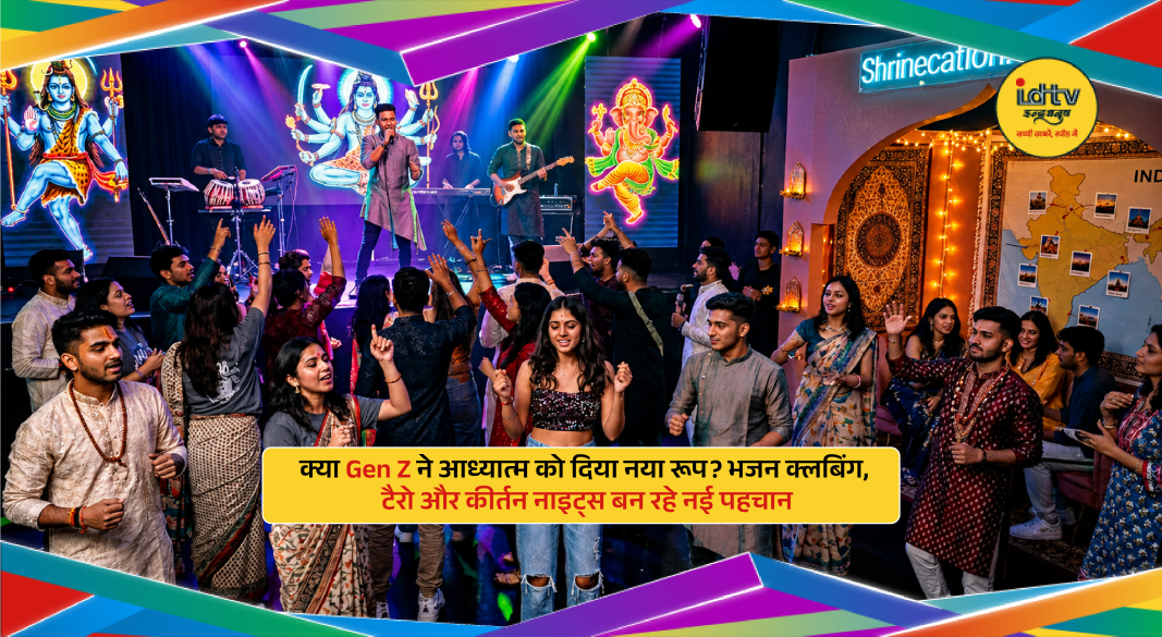 Young people attending bhajan clubbing and spiritual music event with lights, chanting and live instruments