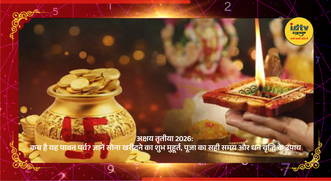 Devotee performing Akshaya Tritiya puja with gold, diya, and offerings for wealth and prosperity.