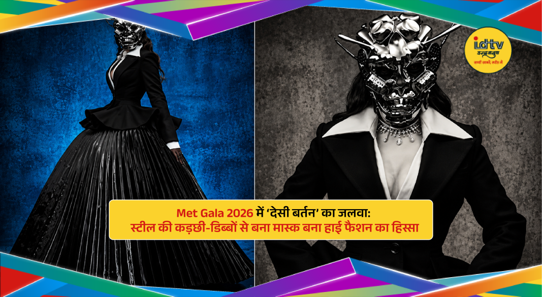 Ananya Birla wearing steel utensil mask made of ladles and containers at Met Gala 2026