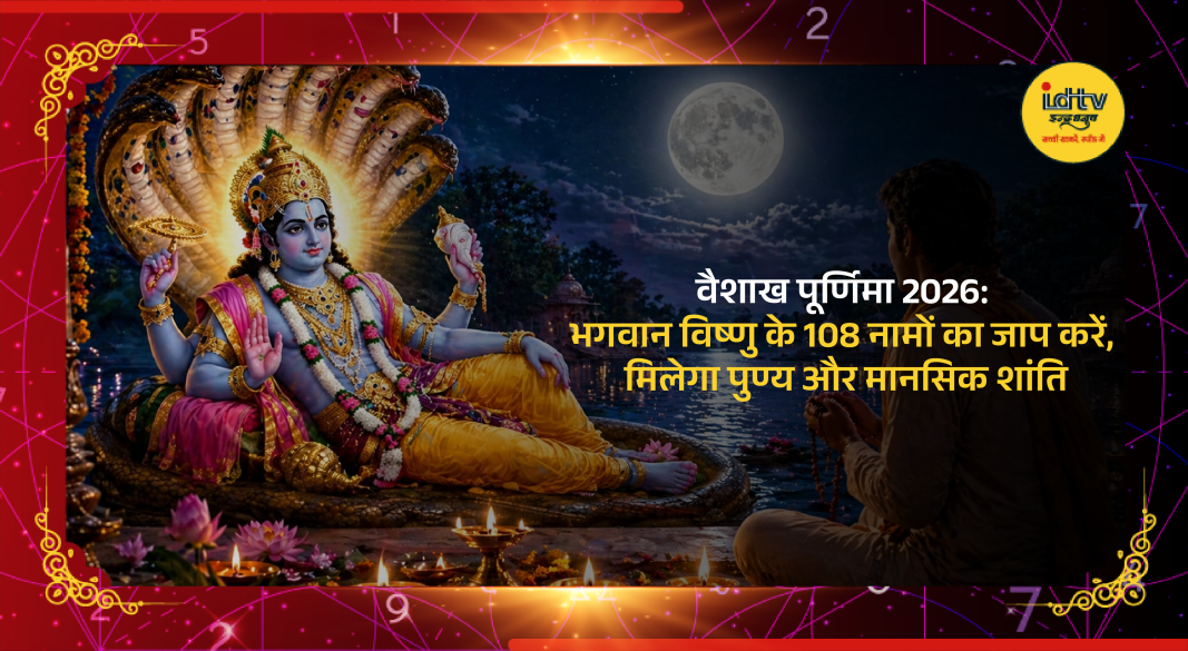 Devotee worship Lord Vishnu on Vaishakh Purnima with lamps, flowers and sacred chants