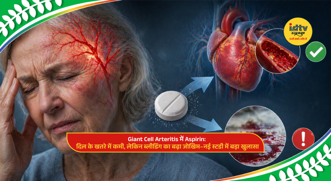 Doctor examining elderly patient with Giant Cell Arteritis discussing aspirin benefits and bleeding risk