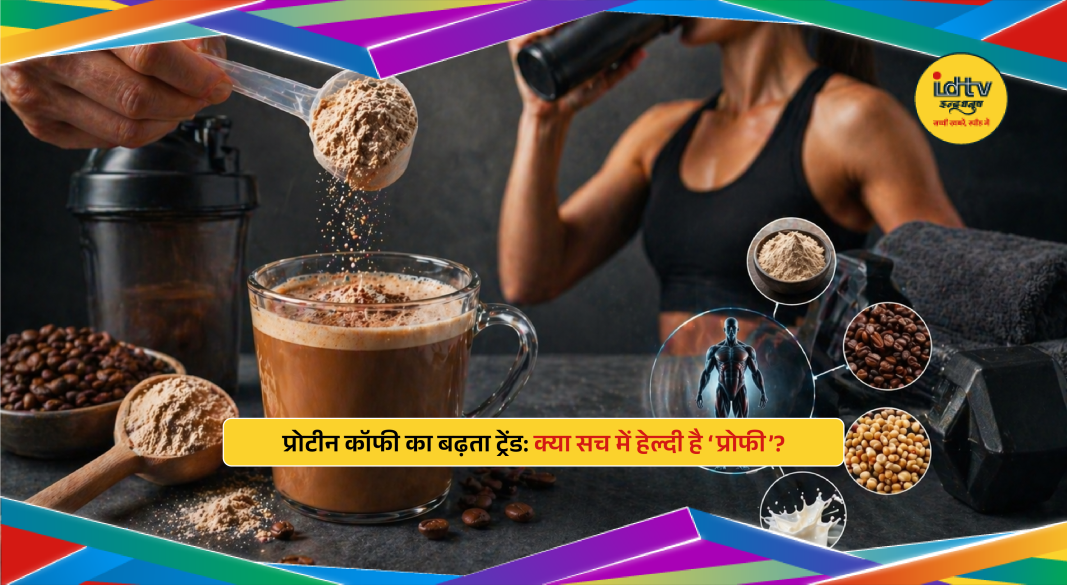 Glass of protein coffee with milk and protein powder blended in fitness lifestyle setting
