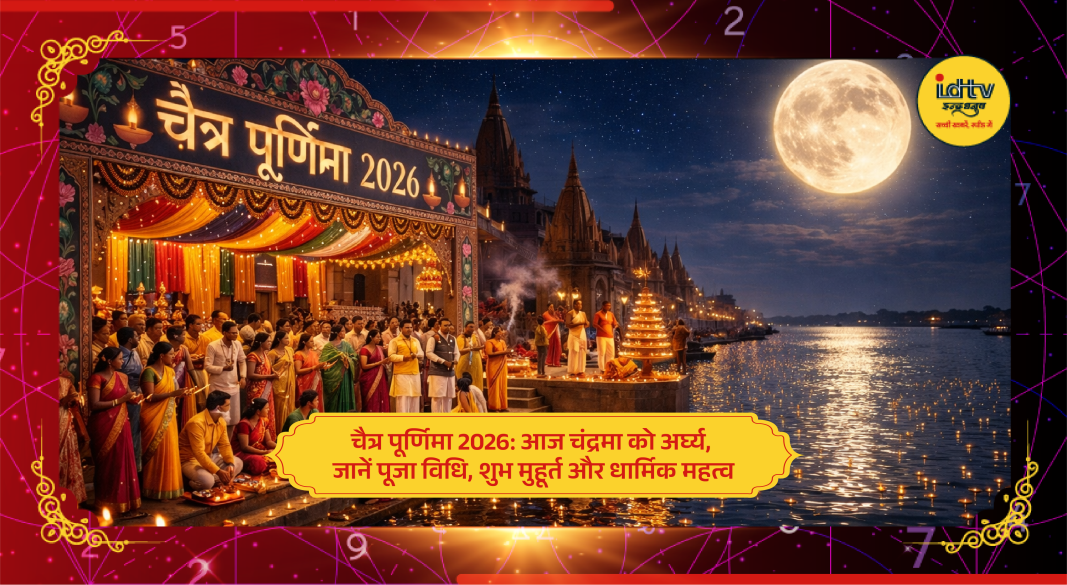 Devotee offering water to Moon during Chaitra Purnima under night sky