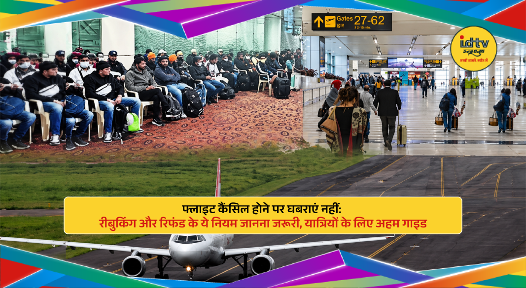 Airport passengers checking flight cancellation updates and rebooking options at departure terminal