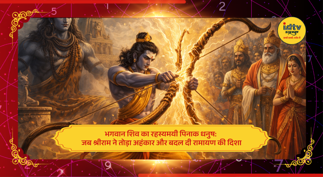Lord Rama breaking Shiva’s Pinaka bow during Sita swayamvar in Mithila royal court
