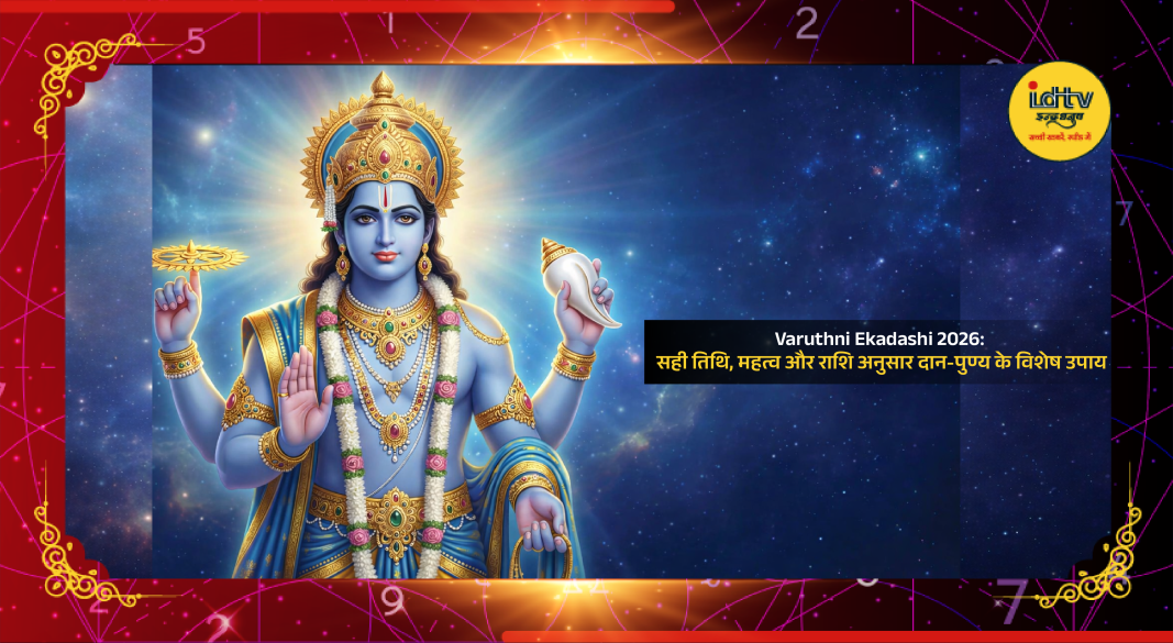 Devotees worshipping Lord Vishnu during Varuthini Ekadashi with lamps and offerings.