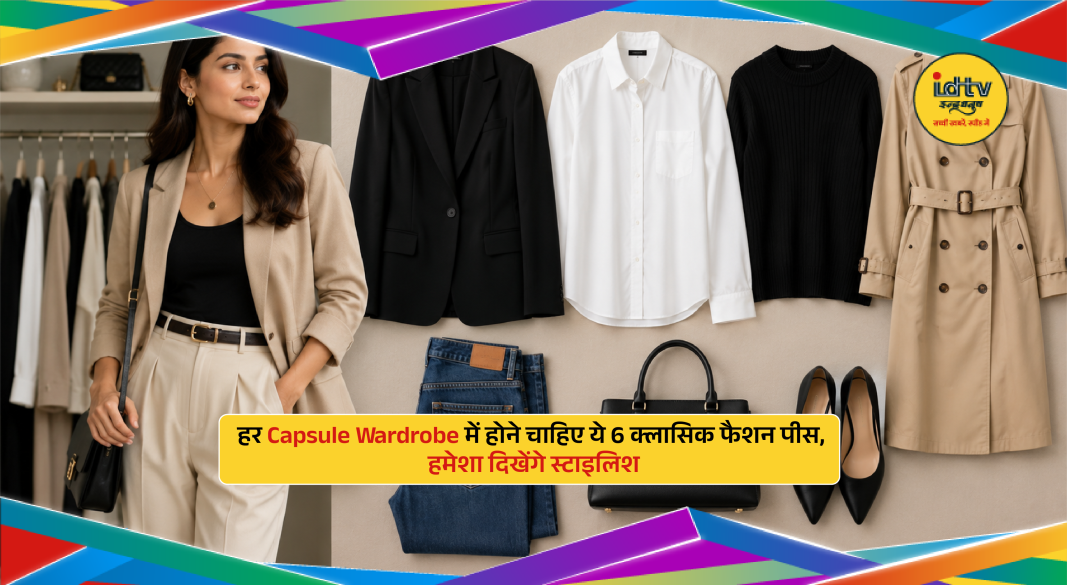 Classic capsule wardrobe essentials including white shirt, blue jeans, black dress and knitwear styled neatly together.