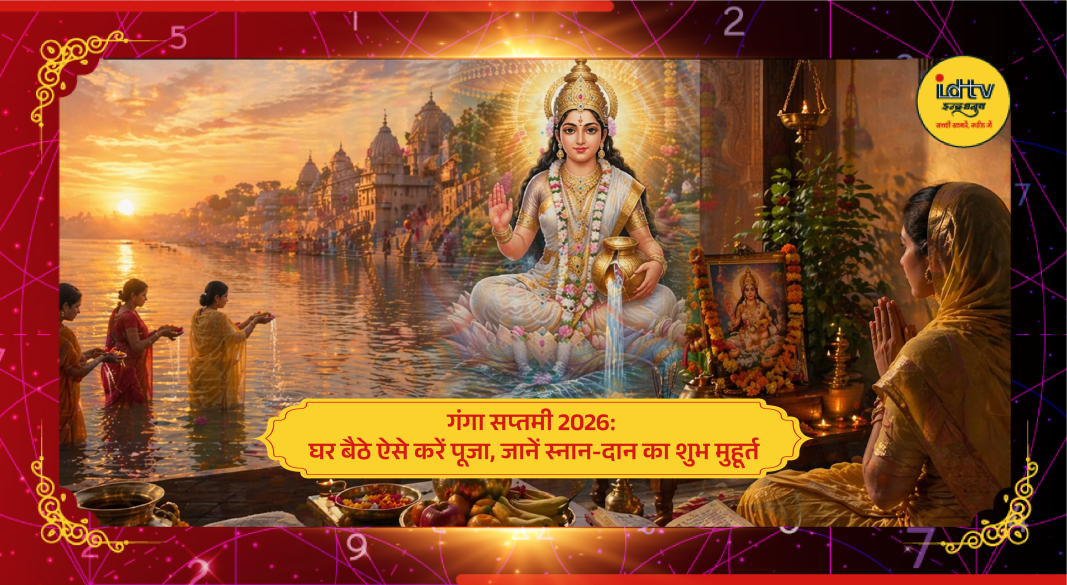 Devotees offering prayers to River Ganga during Ganga Saptami with diyas and flowers on riverbank