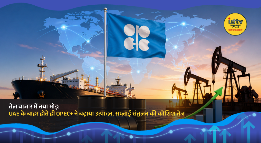Oil pump jacks operating in desert with OPEC+ production increase news concept background