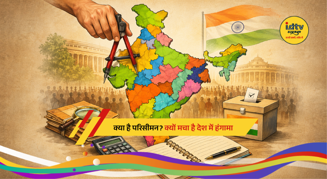 Indian Parliament with constituency map highlighting delimitation process and debate over seat redistribution in India