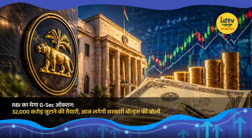 RBI building with financial graph overlay representing government bond auction and market liquidity