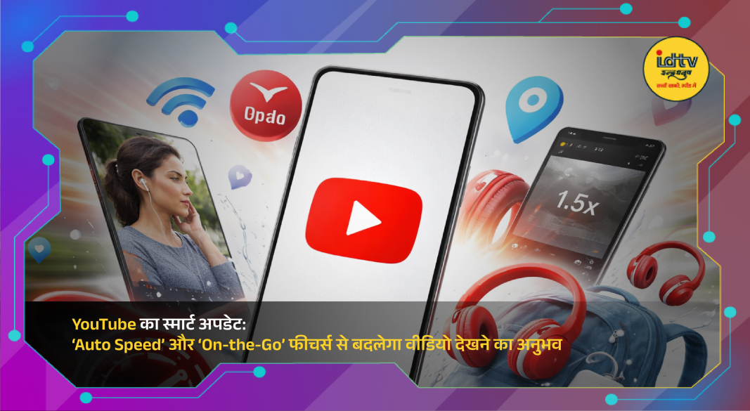 YouTube app interface showing new Auto Speed and On-the-Go smart features for enhanced video viewing experience