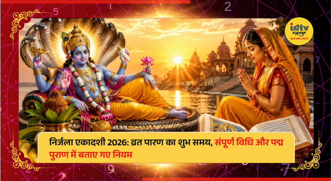 Devotees worshipping Lord Vishnu during Nirjala Ekadashi with kalash, tulsi leaves and traditional rituals