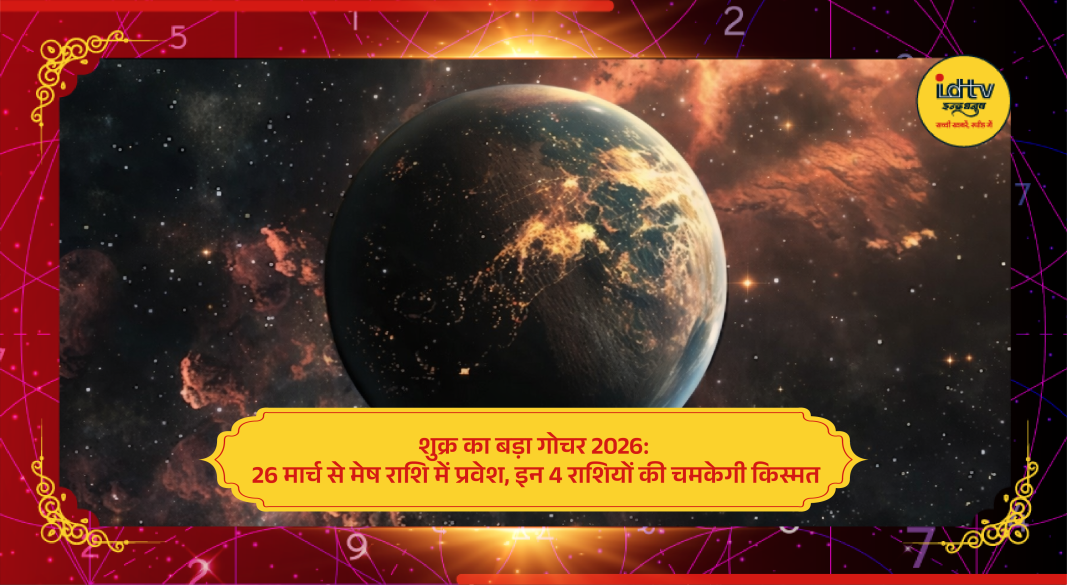 Planet Venus transit in Aries zodiac sign with astrology symbols showing horoscope impact in 2026