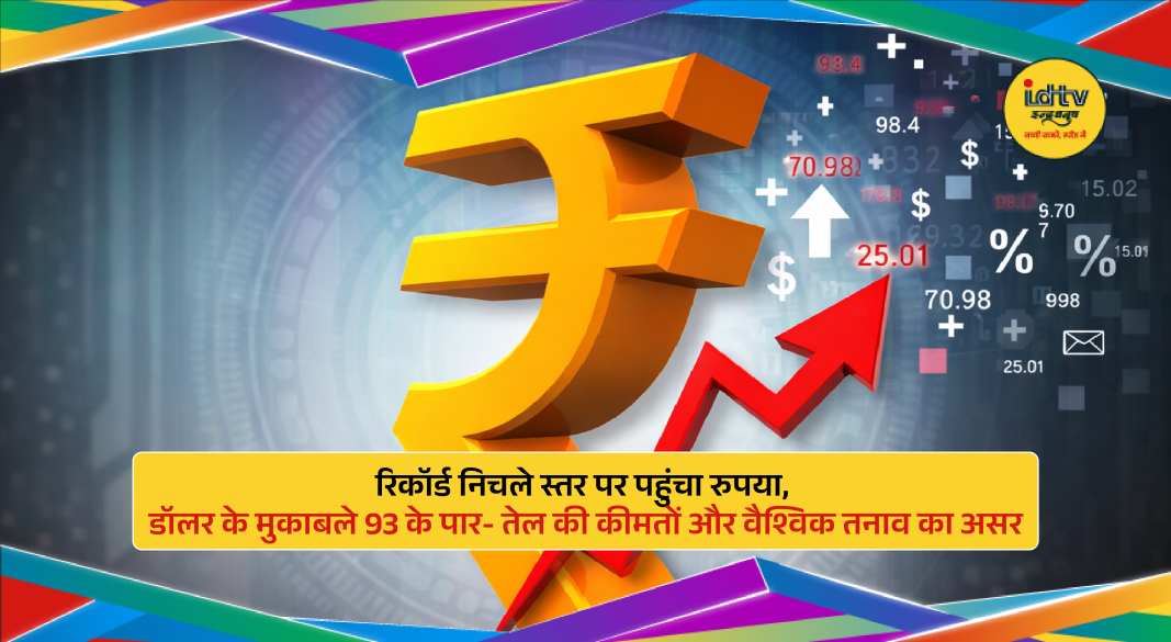 Indian rupee falling against US dollar with currency notes and rising oil prices indicating economic pressure