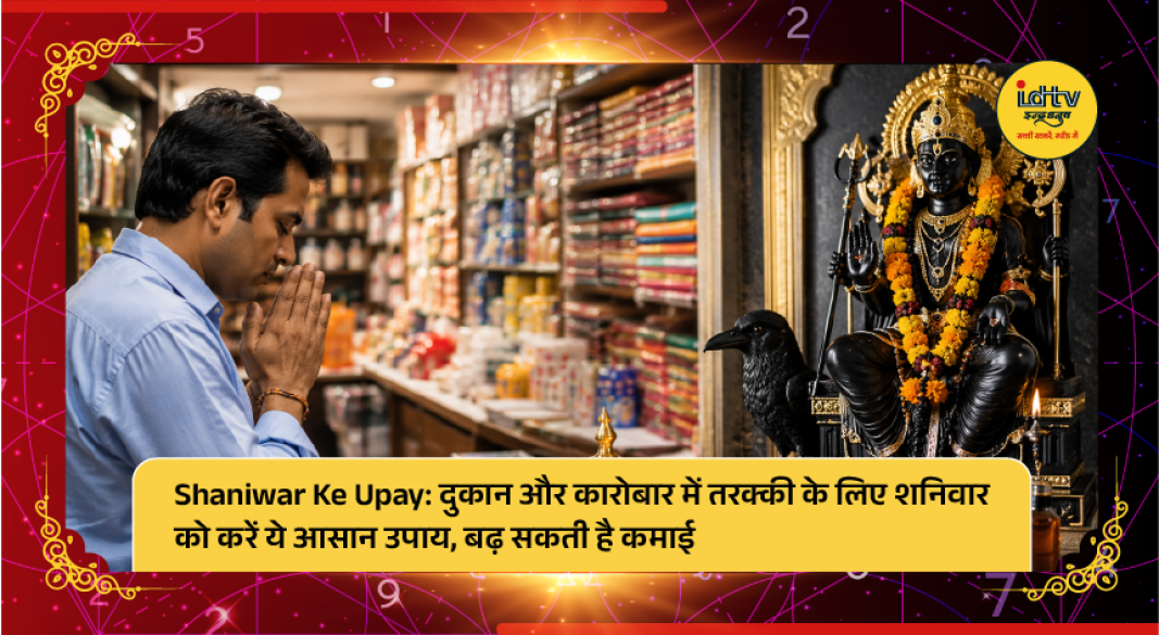 Devotee performing Saturday rituals with oil lamp and Peepal tree for prosperity in business.