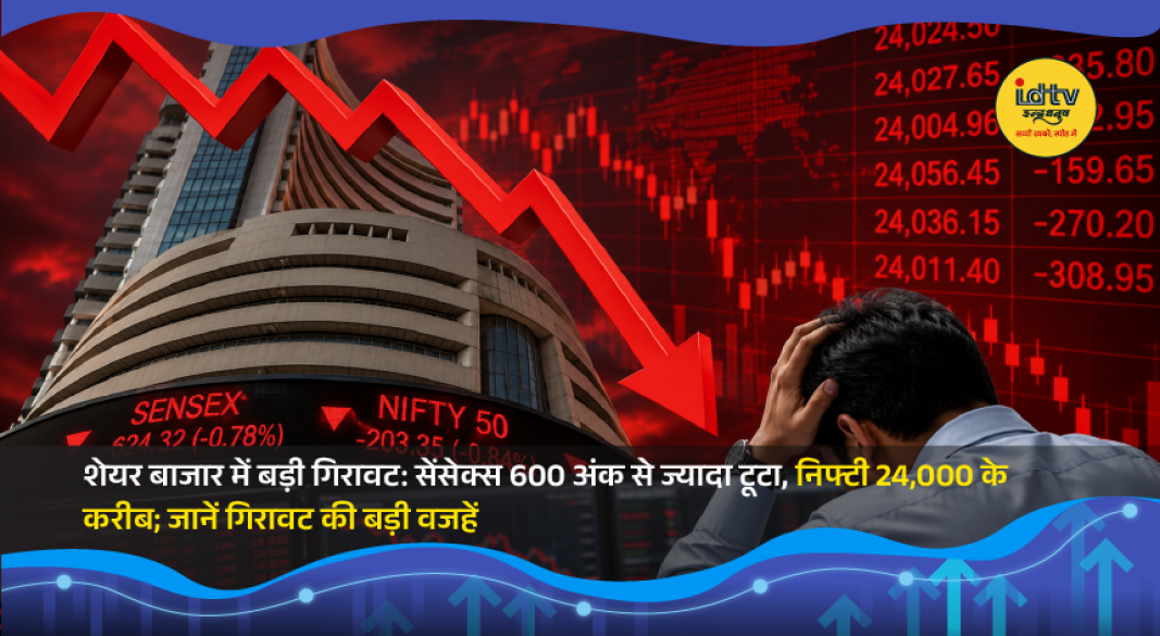 Indian stock market screen showing Sensex and Nifty decline amid global tensions and investor selling.