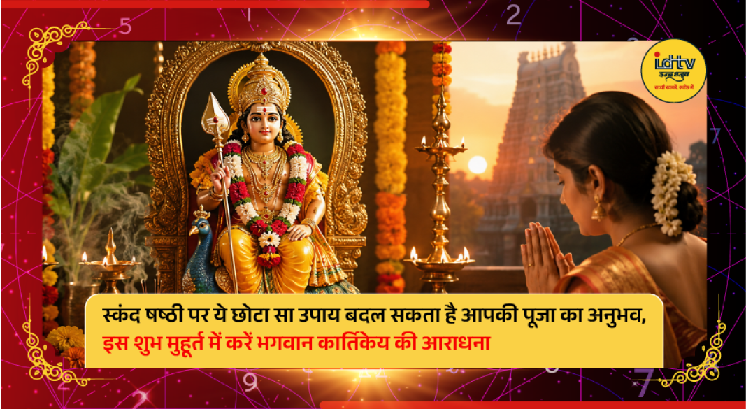 Devotees offering prayers to Lord Kartikeya during Skanda Shashthi with lamps and flowers.