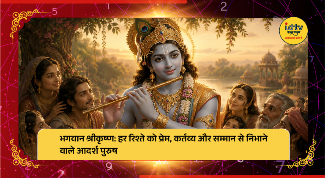 Lord Krishna with Radha, Sudama, Arjuna, and Govardhan, symbolizing love, friendship, duty, and righteousness.
