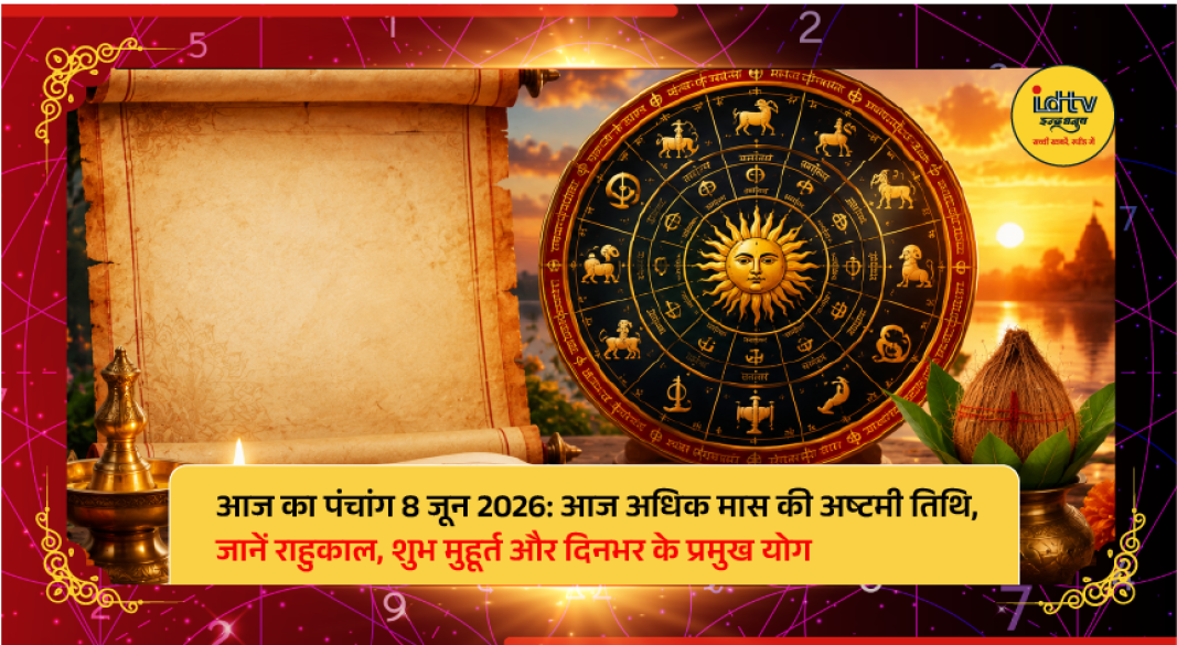 Hindu Panchang calendar with auspicious timings, Rahukaal and planetary positions for June 8, 2026