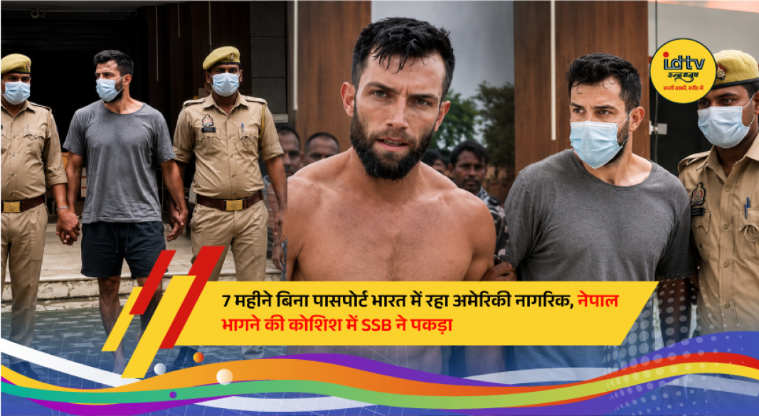 SSB personnel detain an American citizen near the India-Nepal border in Maharajganj after he was allegedly found attempting to cross without a valid passport or travel documents.