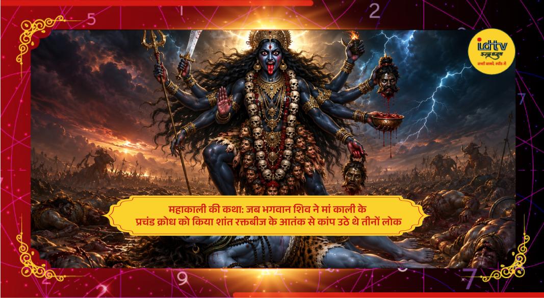 Goddess Mahakali in her fierce form standing over Lord Shiva after slaying the demon Raktabija